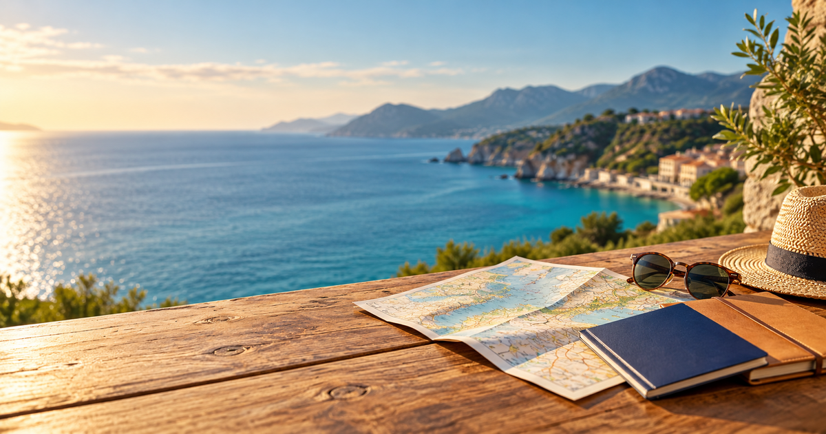Travel planning essentials on a desk beside a coastal view